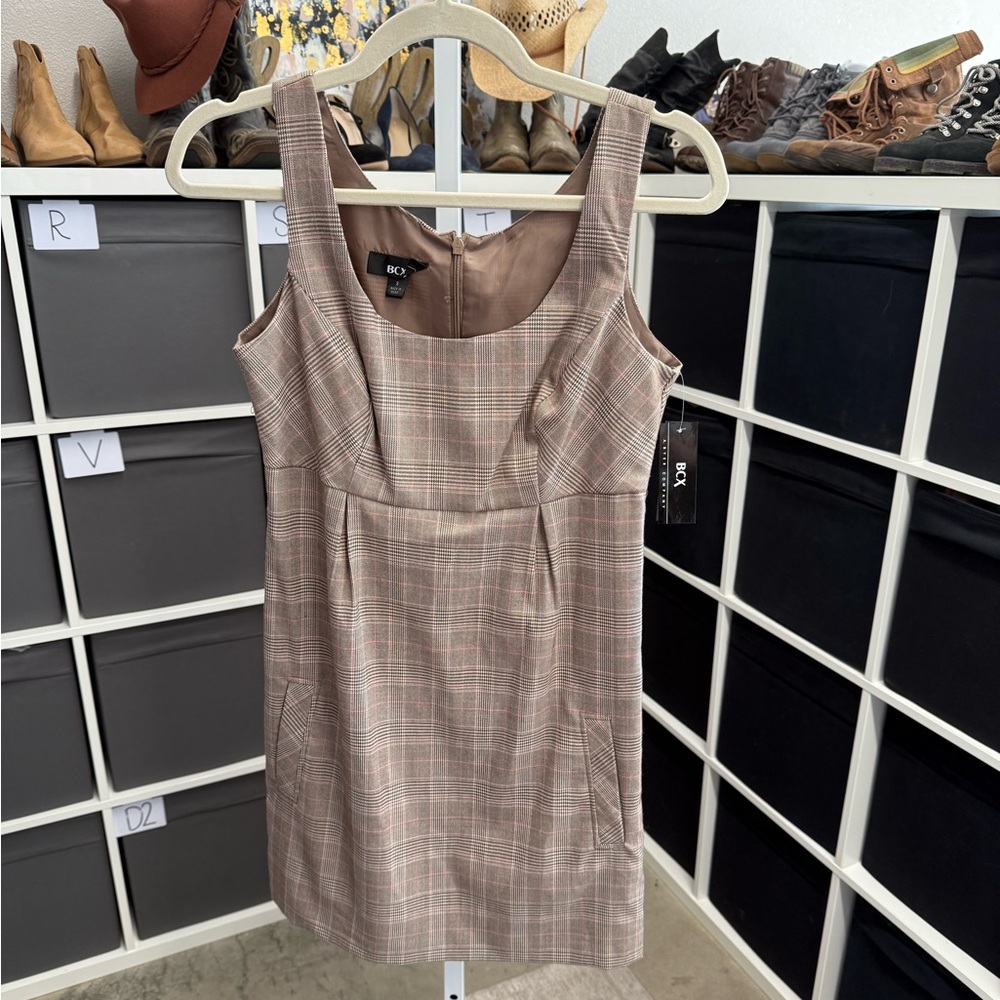 BCX by A. Byer Scoop Neck Stretch Brown and Cream Plaid Bodycon Dress NWT